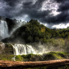 clouds, woods, waterfall, Mountains