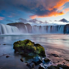 rocks, River, waterfall, clouds, flash, luminosity, ligh, sun, Przebijające