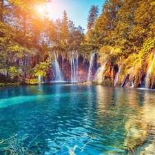 trees, viewes, Plitvice Lakes National Park, waterfalls, Sunrise, lake, Coartia, VEGETATION