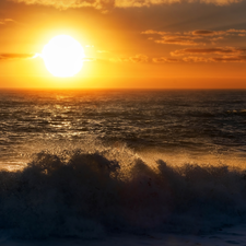 sun, clouds, Waves, Beaches, sea, west