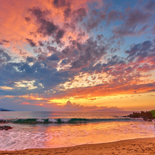 Waves, Aloha State Hawaje, Great Sunsets, clouds, Palms, sea