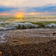 sea, west, Waves, coast, Stones, sun