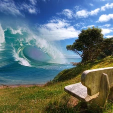 sea, Bench, Waves, Meadow