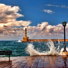 sea, maritime, Waves, Lighthouse