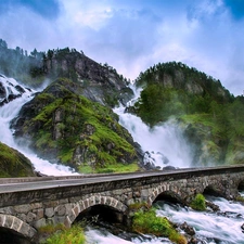 Latefossen, Norway, Way, bridge, River, waterfall