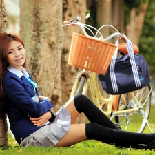 Way, smiling, viewes, Bike, trees, Japanese girl