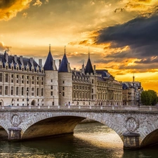 bridge, Justice, sun, River, palace, west, Paris