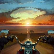 west, sun, Way, motor-bike, picture