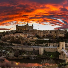 west, sun, Moat, clouds, Castle