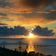 sea, bridge, west, sun, clouds, Island