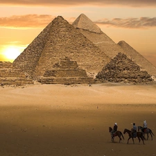 west, sun, Pyramids, Riders, Desert
