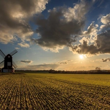 west, sun, Windmill, clouds, Field