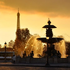 Eiffla, Paris, west, sun, fountain, tower