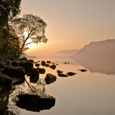 west, sun, Mountains, Stones, lake