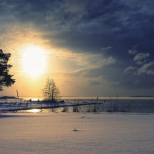 west, sun, field, clouds, River