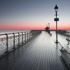 bench, pier, west, sun, sea, lanterns