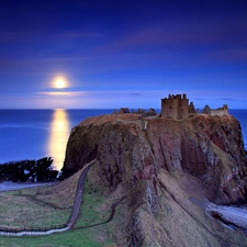 west, sun, rocks, ruins, sea