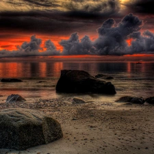 west, sun, Beaches, Stones, sea