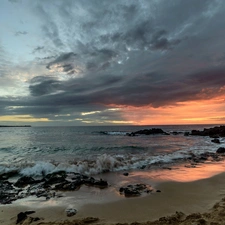 Stones, Coast, west, sun, Waves, Beaches