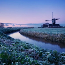 field, Windmill, White frost, River