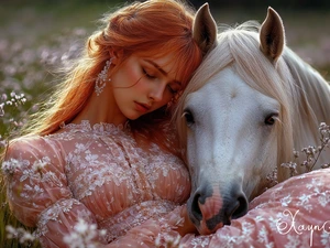 Women, the sleeping, White, Horse, Meadow, redhead