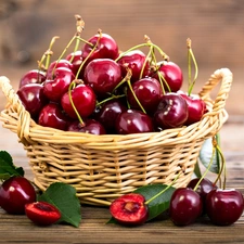 cherries, basket, leaves, wicker