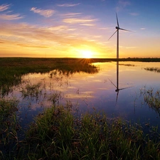 Backwaters, west, Windmill, grass, water, sun