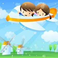 Kids, flight, Windmills, plane