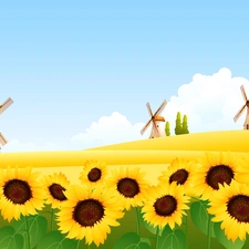 landscape, Nice sunflowers, Windmills, Field