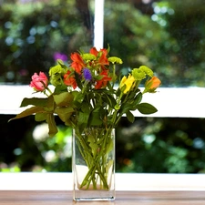 bouquet, Vase, Window, flowers