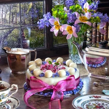 bouquet, Cake, cup, Window, Books, Lamp