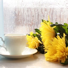 bouquet, cup, Window, Rain, flowers, tea