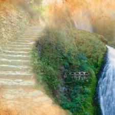 waterfall, Stairs, Window, Stone