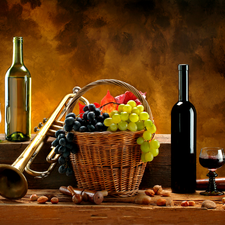 basket, trumpet, Wine, grapes