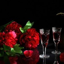 Wine, jug, Peonies, glasses, Red