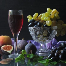 plateau, Grapes, wine glass, Fruits
