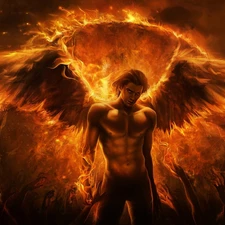 Big Fire, a man, wings