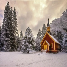 forest, Spruces, viewes, State of California, chapel, winter, trees, The United States, Yosemite National Park, church
