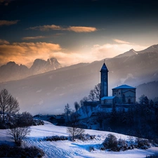 Church, woods, winter, Mountains