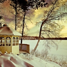 lake, arbour, winter, woods