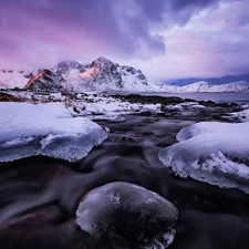 Mountains, Norway, snow, winter, sea, Lofoten