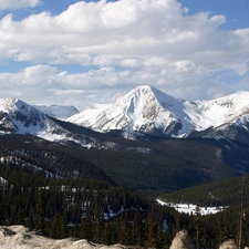 Mountains, clouds, winter, woods