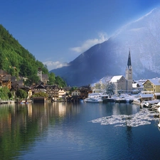 Mountains, Town, winter, lake