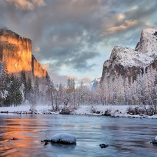 Yosemite National Park, winter, River, Mountains, viewes, State of California, The United States, trees