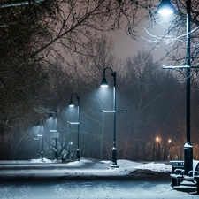 Park, bench, winter, lanterns