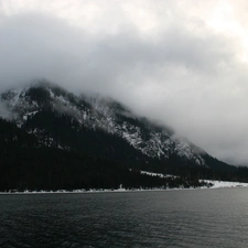 River, Fog, winter, Mountains