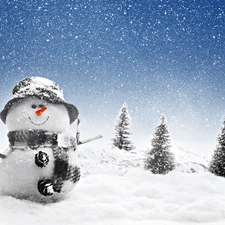 Snowman, snow, winter, Spruces