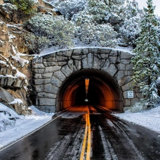 tunnel, rocks, winter, Way