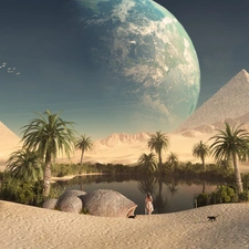 water, Desert, Women, Planet, Palms, Pyramids