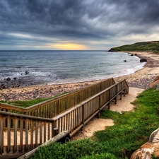 sea, cloudy, wood, Stairs, Coast, Sky